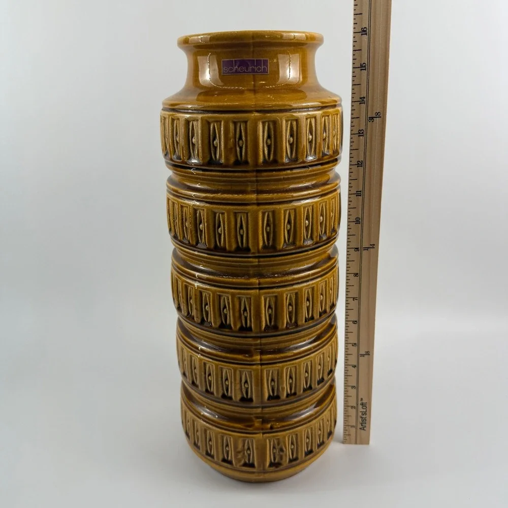 Scheurich‎ West Germany Pottery WGP Mustard Gold Totem Cylinder Floor Vase 16
